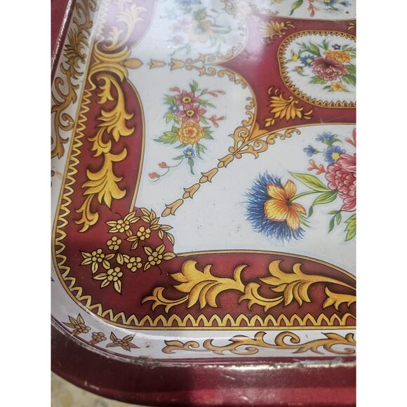 Vintage 1987 the Tin Box Company Square Serving Tray Tin Floral Red And Gold - Picture 4 of 11